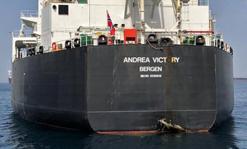 The damaged Norwegian tanker Andrea Victory is seen anchored off the port of Fujairah, in the United Arab Emirates