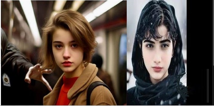 A created image from social media, depicting Armita’s ordeal in the metro carriage