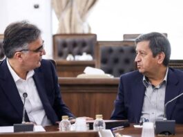 Iranian regime’s Central Bank Governor Mohammad Reza Farzin (left) talking to Economy Minister Abolnaser Hemmati (right)