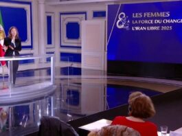 Former Colombian Senator Ingrid Betancourt speaks at the NCRI conference near Paris on the eve of International Women’s Day 2025
