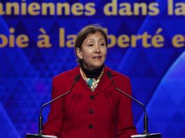 Former Colombian Senator Ingrid Betancourt addresses a conference in Paris commemorating International Women’s Day, March 2024
