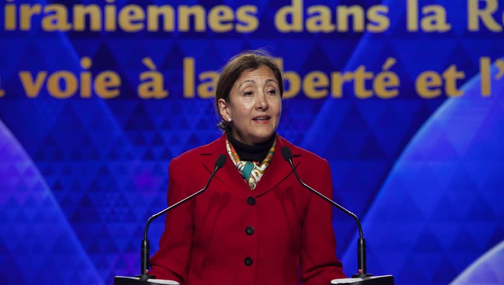 Former Colombian Senator Ingrid Betancourt addresses a conference in Paris commemorating International Women’s Day, March 2024